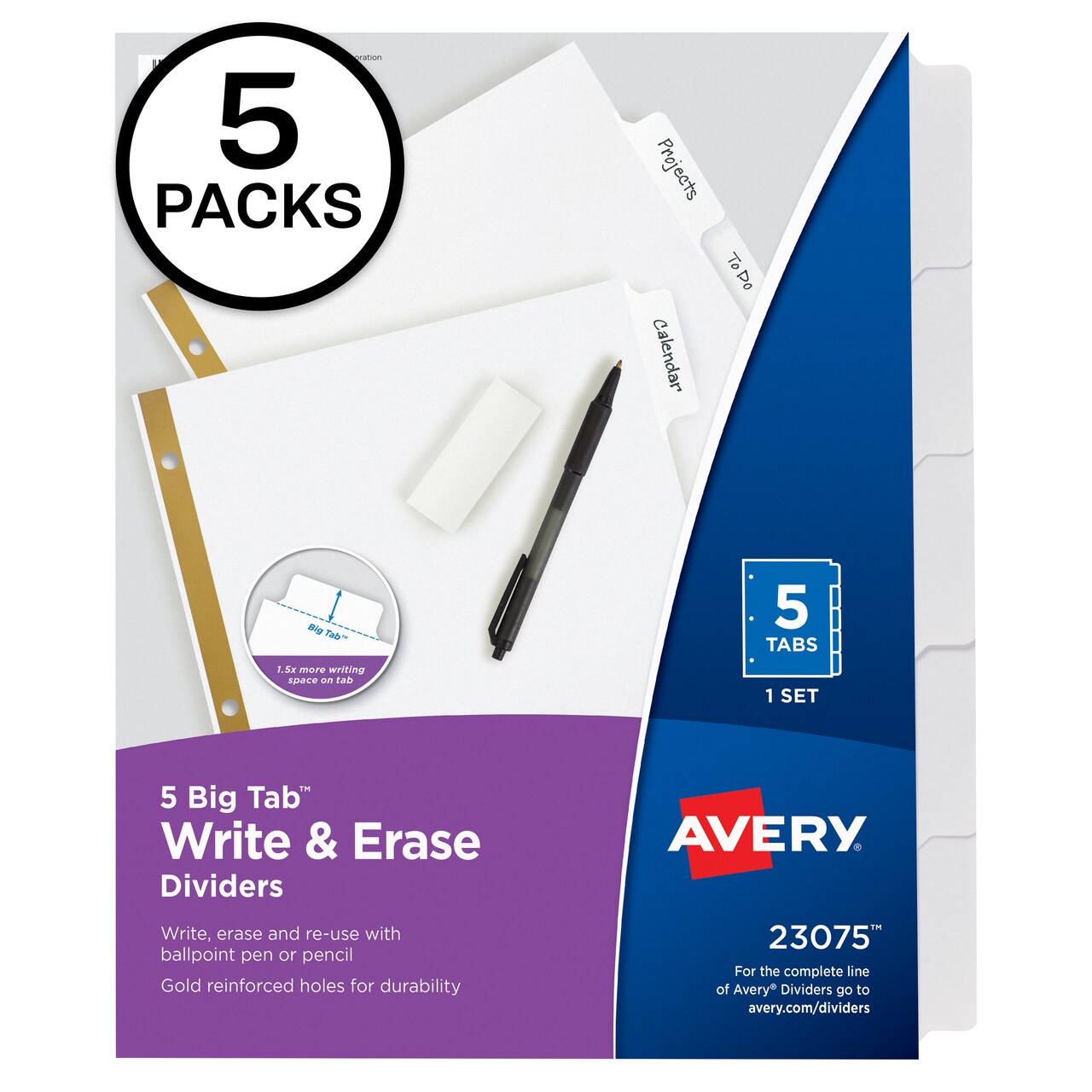 Avery Big Tab Write & Erase Dividers, 5 White Tabs, 5 Sets of 23075